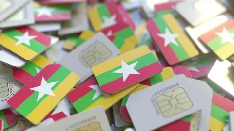 Many SIM cards with flag of Myanmar. Myanma mobile telecommunications related 3D 스톡 일러스트