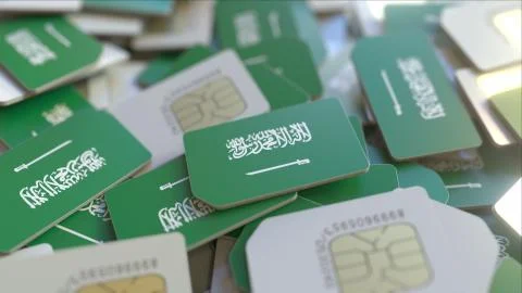 Many SIM cards with flag of Saudi Arabia, Saudi mobile telecommunications イラスト素材