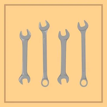Many size wrench or spanner silver metal vector illustration Stock Illustration