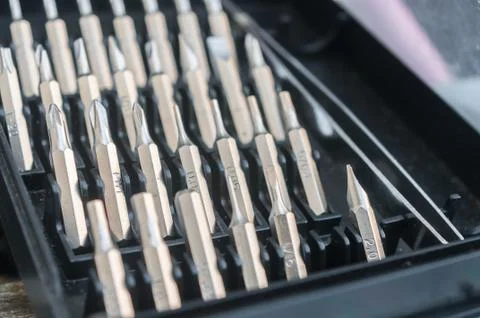 Many sizes and types for changeable screwdrivers Stock Photos