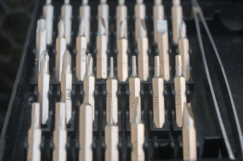 Many sizes and types for changeable screwdrivers Stock Photos