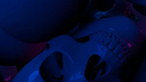 Many skulls fall on the screen. Neon purple-blue light. Stock-Footage 121702689