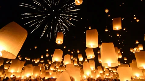 Many Sky Fire Lanterns Floating Up To Sky Of Chiang Mai, Thailand (sound) Stock Footage
