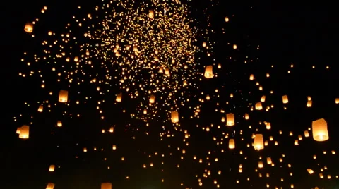 Many Sky Fire Lanterns Floating In Loi Krathong Festival Of Thailand (long shot) Stock Footage 46543668