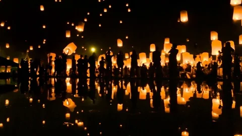 Many Sky Fire Lanterns Floating Up To The Sky And Reflection Of Thailand 2016 Stock Footage 70627253