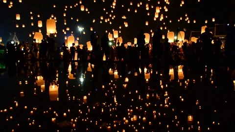 Many Sky Fire Lanterns Floating Up To The Sky And Reflection Of Thailand 2016 Stock Footage 70627916