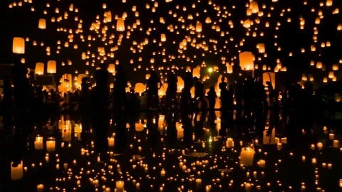 Many Sky Fire Lanterns Floating Up To The Sky And Reflection Of Thailand 2016 Stock Footage 76139422