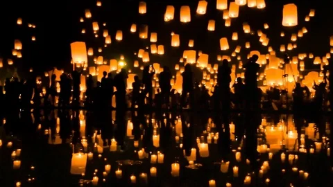 Many Sky Fire Lanterns Floating Up To The Sky And Reflection Of Thailand 2016 Stock Footage 76139438