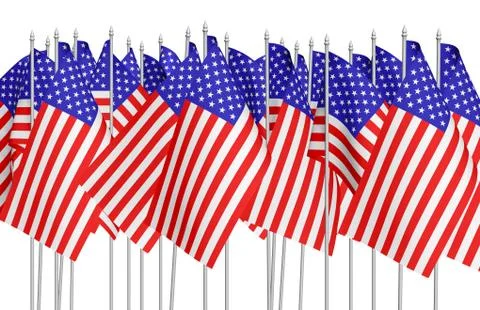 Many small american flags in row isolated on white Stock Illustration