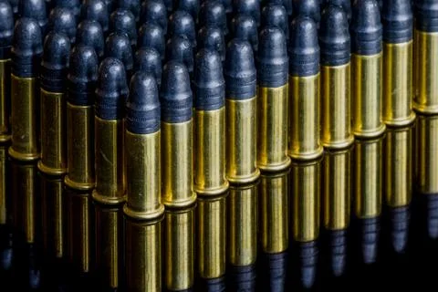 Many small caliber bullets lined up with reflection. Stock Photos
