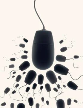 MANY SMALL COMPUTER MICE GATHERING ROUND LARGE COMPUTER MOUSE Stock Photos