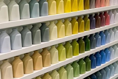 Many small jars of the same shape and size, different colors Stock Photos