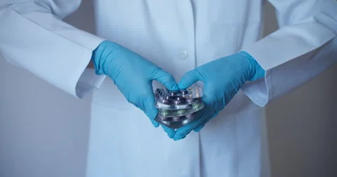 Many small pills in the hands of a doctor wearing medical blue disposable gloves Stock Footage 130751645