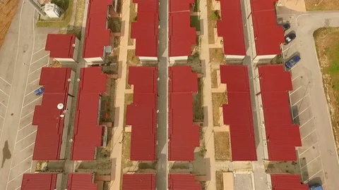 Many small prefabricated. geometric architecture. Aerial vertical videos. Stock Footage 71022147