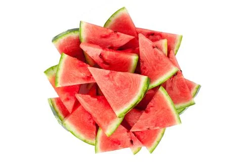 Many small triangular slices of ripe red watermelon. Isolated on white backgr Stock Photos