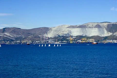 Many small yachts against the backdrop of mountains. City Novorossiysk, Russia Stock Photos