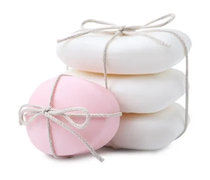 Many soap bars isolated on white. Personal hygiene Stock Photos