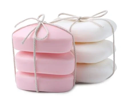 Many soap bars isolated on white. Personal hygiene Stockfoto's
