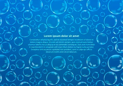 Many soap bubbles on blue with text, abstract background A4 size Stock Illustration
