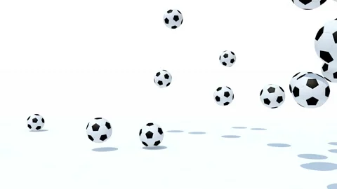 Many soccer balls fall on white background, 3d animation Stock Footage 131511550