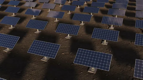 Many solar panels generate electricity and turn to follow the sun Video stock 232672572