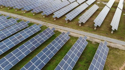 Many solar panels on the ground top view video Stock Footage 111991806