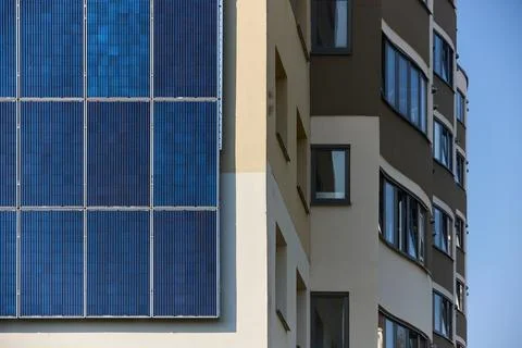 Many solar panels texture with copyspace. Building with lots of solar panels. Stock Photos