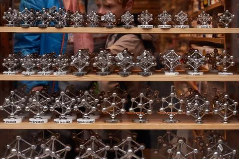 Many souvenir scale models of the Atomium in Brussels, Belgium Stock Photos