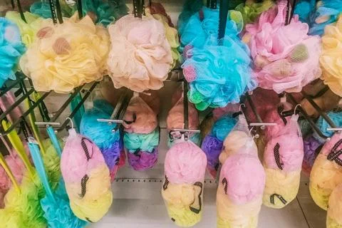 Many sponges to use when bathing Stock Photos