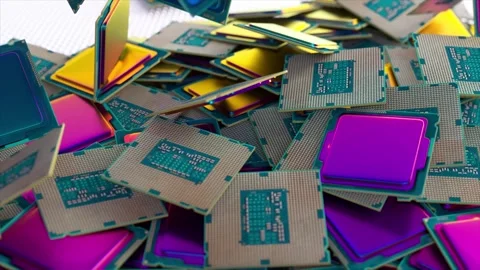 Many square rainbow chips fall from above into a pile of chips. Computer. AI Stock Footage 242266311