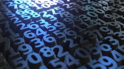 Many stacks of blue numbers, database or mathematics concept. 3D rendering Illustrazione stock