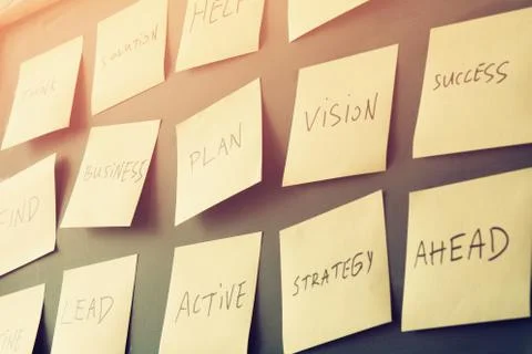 Many sticky notes attached to blackboards with text Stock Photos