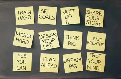 Many sticky notes attached to blackboards with text Stock Photos