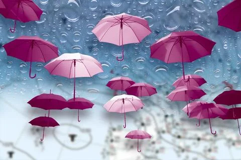 Many stretched pink raindrops float in front of a background with large Stock Photos