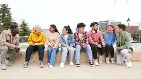 Many students sitting talking about homework outdoors. Big group of teenegers Stock Footage 206683892