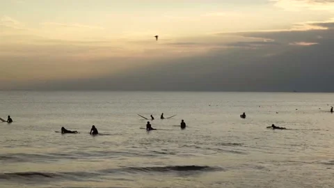 Many sufers in the Evening Stock Footage 138775563
