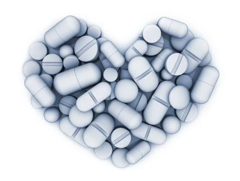 Many tablets and vitamins in shape heart on white background. 3d illustration Stockillustratie