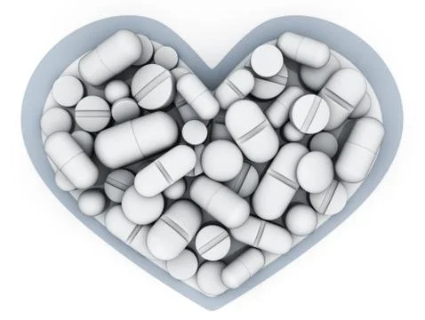 Many tablets and vitamins in shape heart on white background. 3d illustration Stockillustratie