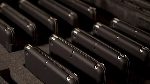 Many tablets organized in carrying case Stock Footage 104082376