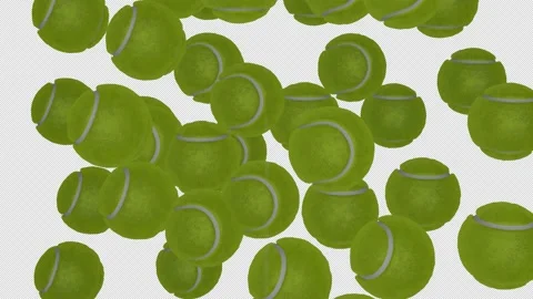 Many tennis balls falling down on transparent background. Sport concept. Alpha c Stock Footage 171618364