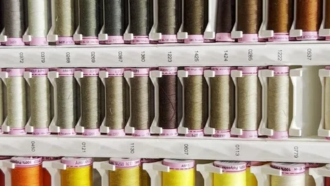 Many threads of different colors placed on racks in the workshop of a clothing Stock Footage 250112562