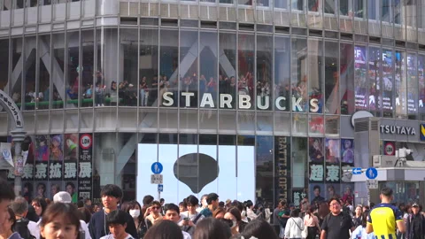 Many tourists look down the crowd of people crossing Shibuya Scramble Crossing Video stock 282619605