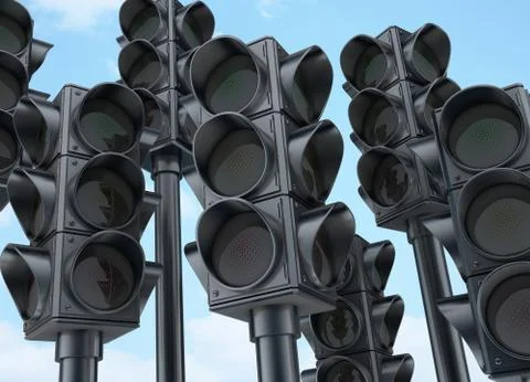 Many traffic lights off on sky background. 3d illustration Stockillustratie