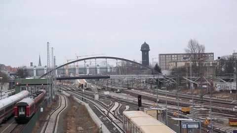 Many train tracks, Warschauer Strasse train station, Berlin, Germany Stock Footage