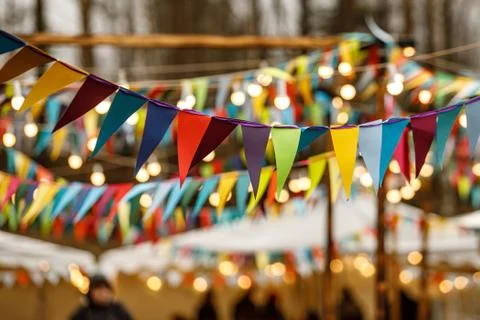 Many triangular flags for the holiday. Fotos de archivo