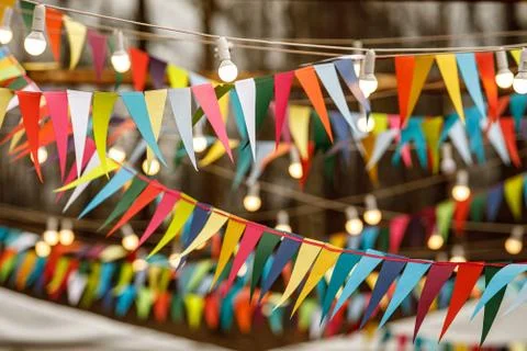 Many triangular flags for the holiday. 스톡 사진