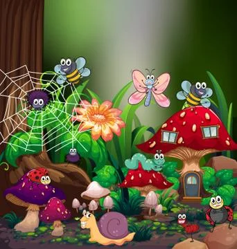 Many types of bugs in forest Stock Illustration