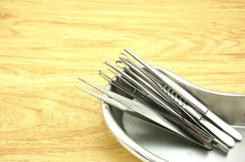 Many types of forceps in kidney tray Stock Photos