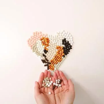 Many types of pills on a light background are folded in the form of a heart Stock Photos