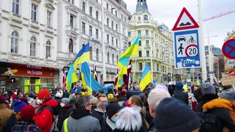 Many Ukrainian flags at a protest in Vienna, Austria Video stock 171128163